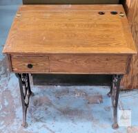 Vintage Wood Oak School Desk w/Cast Iron Legs . Measures 29.5"&times;23.5"&times;31" & 21.5" Knee Height