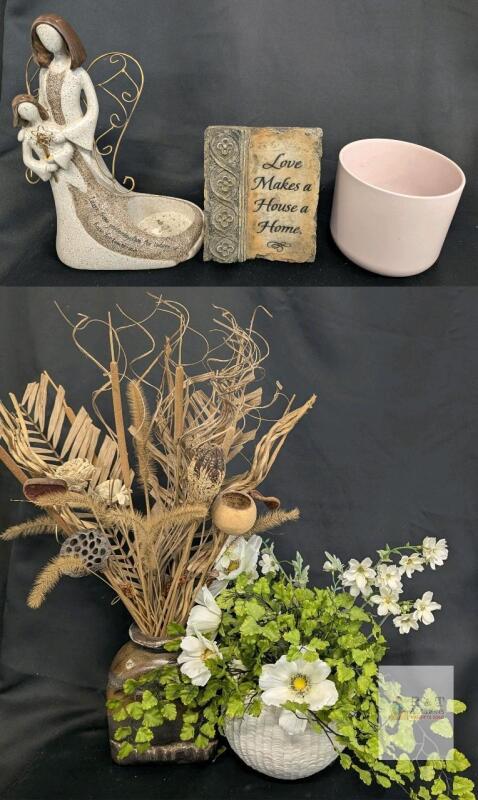 Assorted Vases Up To 8.25" With Dried & Artificial Flowers (1 Vase from Italy), 11" Resin Angel Candle Holder & Home Decor Plaque