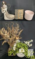 Assorted Vases Up To 8.25" With Dried & Artificial Flowers (1 Vase from Italy), 11" Resin Angel Candle Holder & Home Decor Plaque