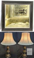 Vintage Andrew Wyeth Ground Hog Day Framed Print 23.25" &times; 22.5" & 2&times; Vintage Super Heavy Rudson Lighting Table Lamps 26" Tall, With Shades (Some Discoloration), Tested, Does Not Include Bulbs