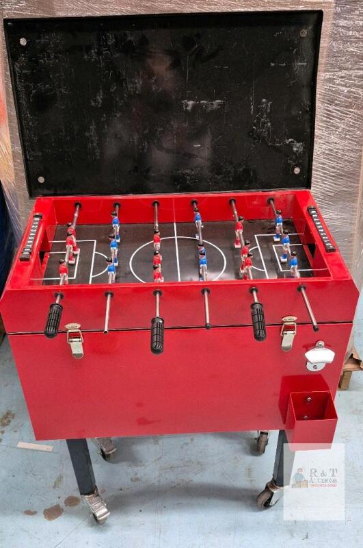 Red Rolling Foosball Table Cooler &ndash; 32"x16"x36", 80 Qt. Capacity, Casters, Handles, Bottle Opener- as is