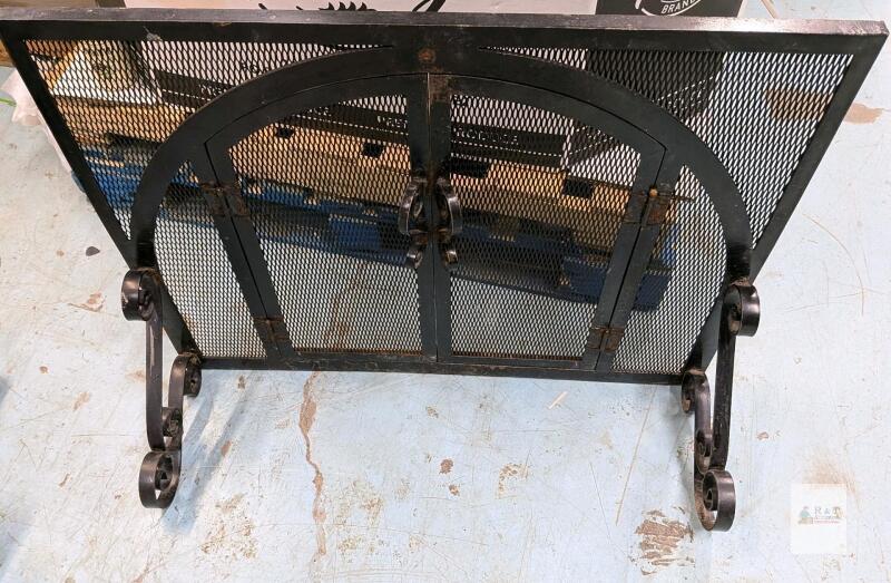 Freestanding Wrought Iron Double-Door Fireplace Screen with Mesh Panels