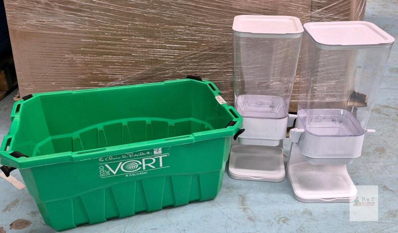 Pair of 17" Plastic Dry Food Dispensers & VORT Microban 27" Heavy-Duty Green Storage Tote Bin
