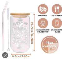 NEW 16 oz Borosilicate Glass Tumbler with Bamboo Lid, Glass Straw, and "WIFE Nutrition Facts" Print