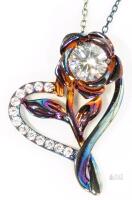 Gorgeous New Neo Chrome Oil Slick Rose Flower in Heart CZ Pendant on Multi Chromatic 18" Chain in Velvet Gift Box