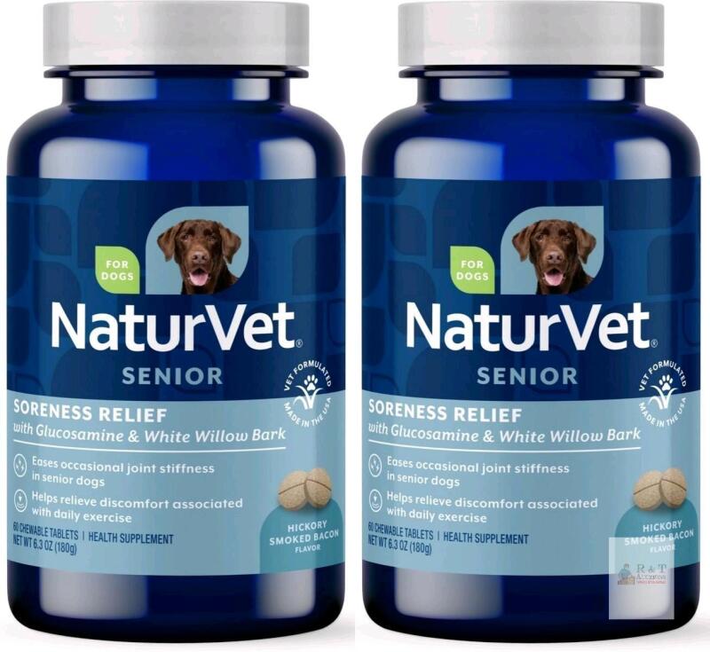 2 New NaturVet Soreness Relief Senior Supplements for Dogs, Hickory Smoked Bacon Flavor, 60 Chewable Tablets (Bb 02/2029)
