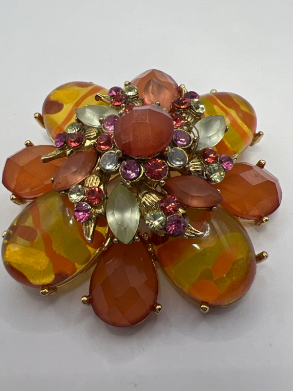 Vintage Poured Glass fused Statement Brooch orange