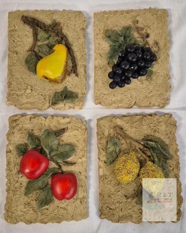 Set of 4 WINNERS 3D Fruit Relief Wall Plaques, Each 7"x9", Resin, Grapes, Pear, Apple, Lemon