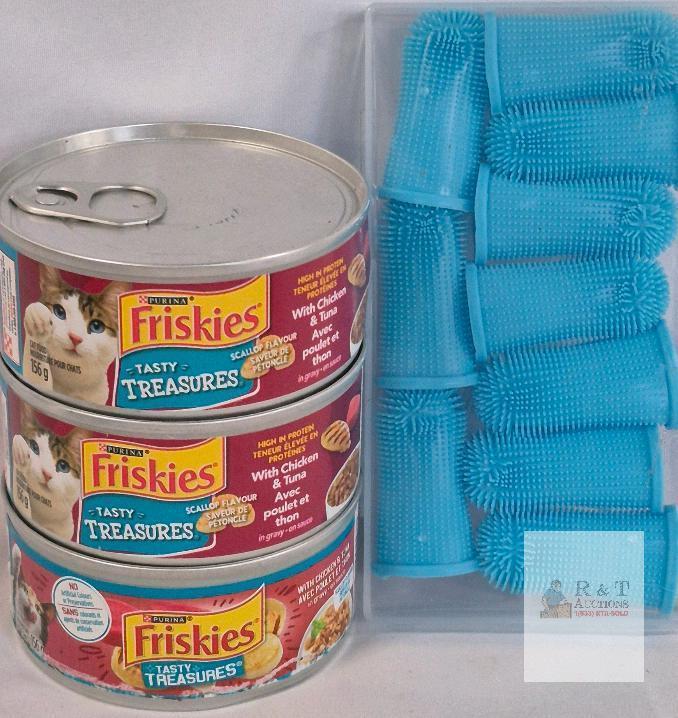 Friskies Tasty Treasures Cat Food 3x5.5oz Chicken Tuna Scallop & Cseeca 10pc Pet Toothbrushes Blue