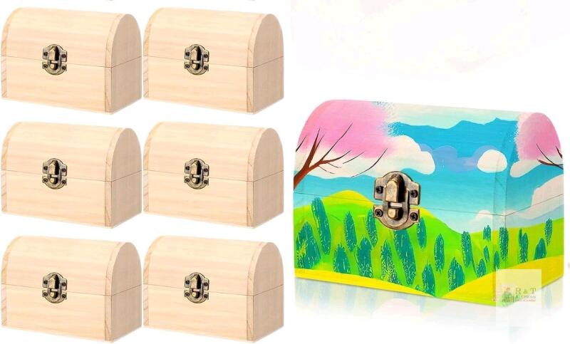 New 6pcs Unfinished Mini Wooden Treasure Chest Natural Pine Hinged Lid Locking Clasp, 3.5" &times; 2.15" &times; 2.5" Tall ea
