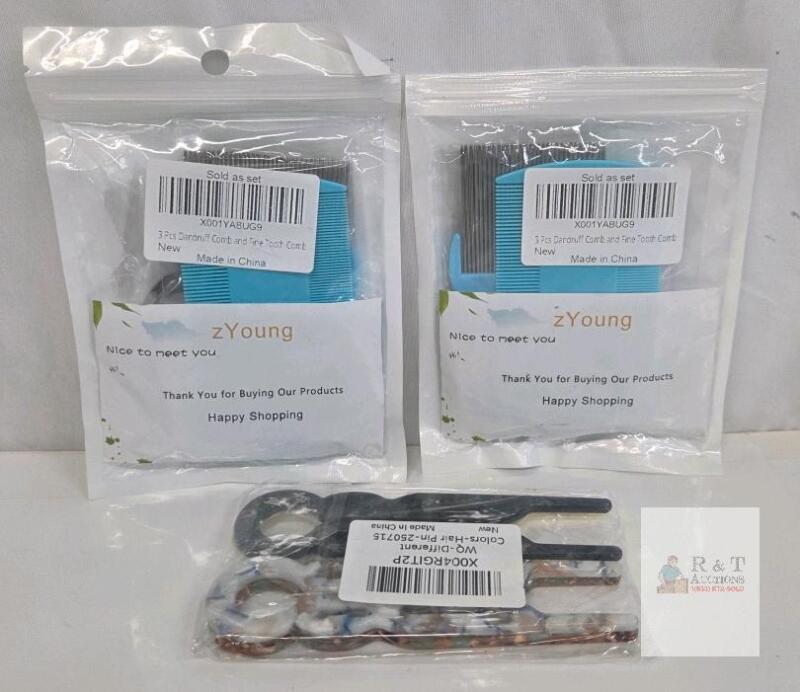 zYoung 3 Pcs Dandruff Comb Set & WO 3-Color Acrylic Hairpin Set, New with Serial Numbers
