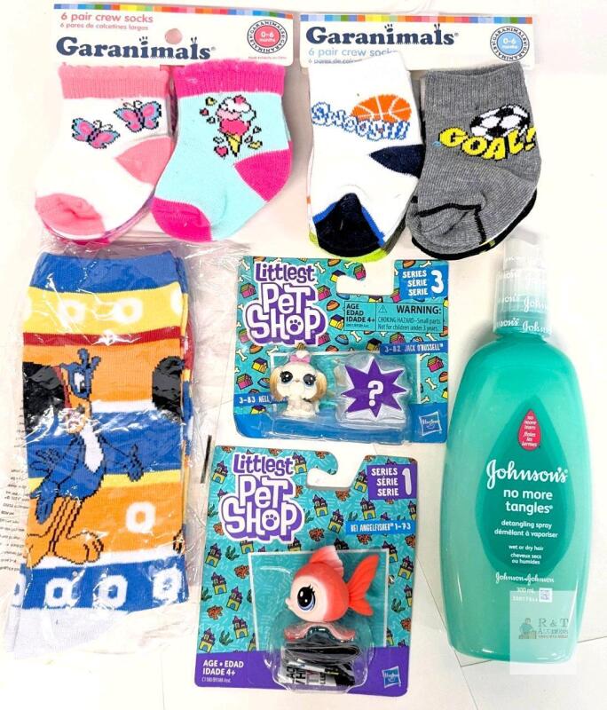New : 2&times; Littlest Pet Shop Toys, 2 Packs 0-6 Months Baby Socks, Adult Froot Loops Toucan Sam Socks, Sealed Johnson's No More Tangles Detangling Spray 300ml