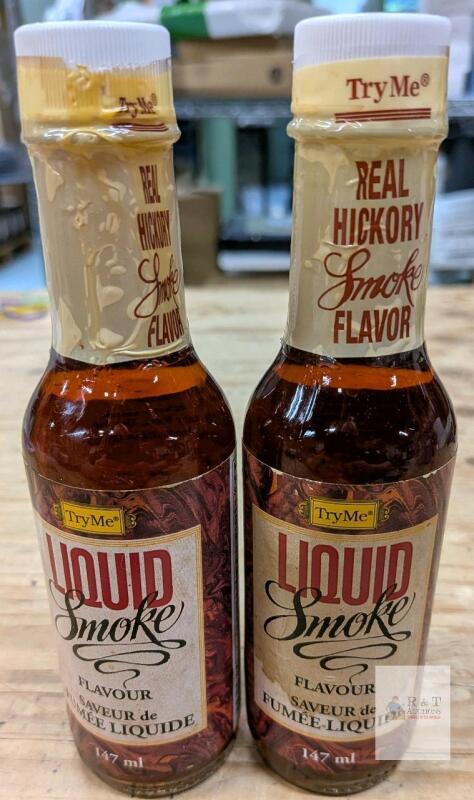 TryMe Liquid Smoke Real Hickory Flavor, 147 ml Bottles, Sealed, Best By 2026, Lot Codes Minor leakage present.