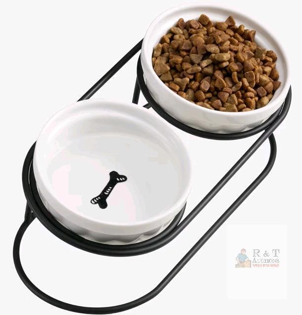 New - Navaris Ceramic Bowls with Black Metal Stand - 2 Raised Cat & Dog Bowls - Tilted Elevated Cat Kitten Dog Food & Water Bowl - Small Cat & Dog Feeding Station - 5oz (150ml) Capacity
