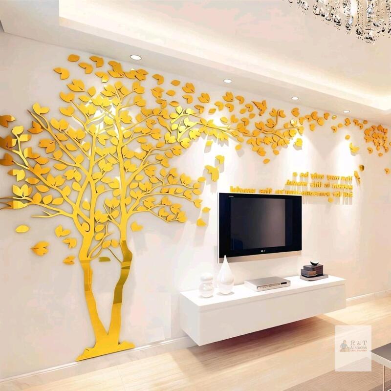 New 98" &times; 51" Family Tree Wall Decor Decals - DIY 3D Tree of Life Wall Art Large Decal Stickers Silver Decor Living Room Mural for Bedroom Hallway Home TV Background (Gold Left, M-98X51in)