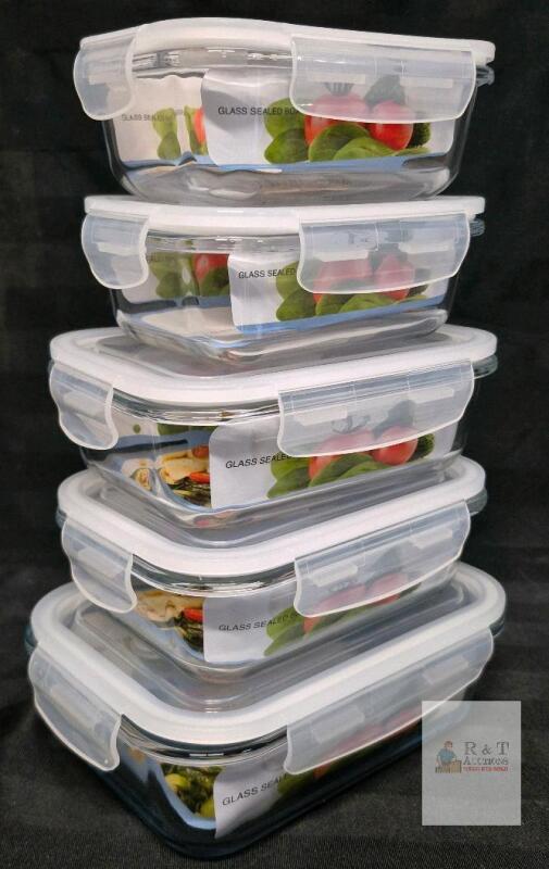 5 New TEEM Rectangular Glass Food Storage Containers with Lids, Airtight Meal Prep Containers . Borosilicate Glass, Leak-Proof, Oven Microwave Freezer Dishwasher Safe