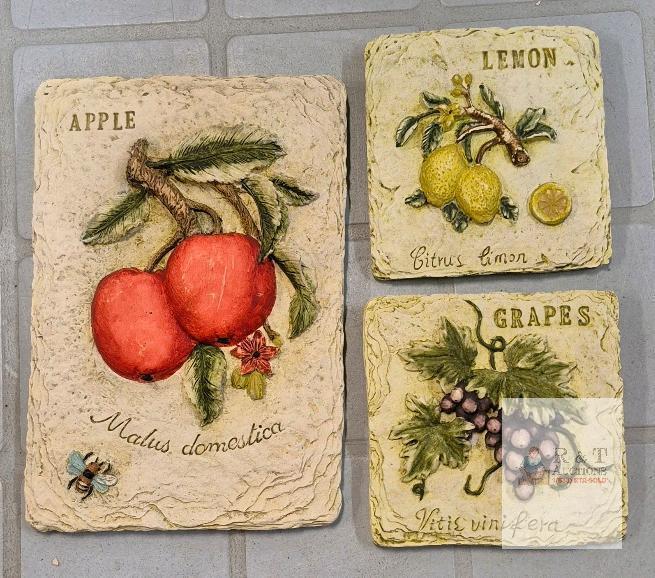 Decorative Fruit Wall Plaque Set &ndash; Apple, Lemon, Grapes Relief Art