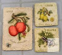Decorative Fruit Wall Plaque Set &ndash; Apple, Lemon, Grapes Relief Art