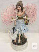 Porcelain Figurine Woman with Goose, Blue Dress, Tulle Wings, Tony Catering & Gift Label