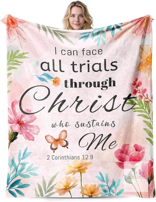 New Religious Scripture Christian flower Blanket 60"&times; 50", "I can face all trials through Christ who sustains me, 2 Corinthians 12:9" , For Religious Birthdays Baptism Confirmation Spiritual +