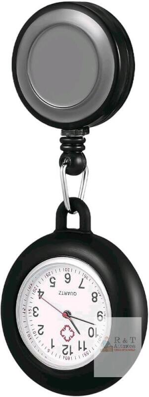 New Retractable Nurse Watch with Red Second Hand, Clip On Silicone Lapel Fob Pocket Watch for Nursing Student, Women Doctors (Montre Infirmiere, Black)