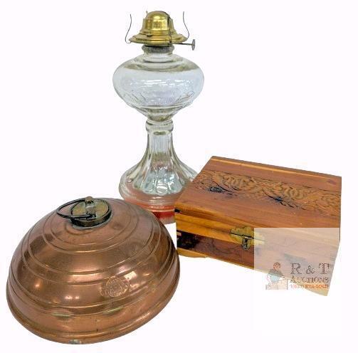 Vintage 1940s Eagle Clear Glass 10.5" Kerosene Oil Lamp, Wafax Copper Bed Warmer, Wood Trinket Box With Ornate Lid