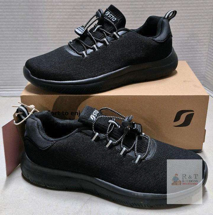 STQ Women's Sneakers All Black, Size 9.5, Knit Memory Foam, Bungee Lace, Model ST230301NEW, Boxed