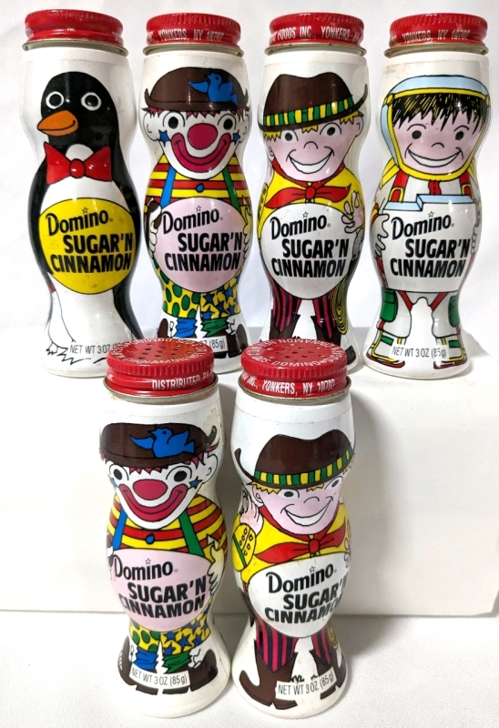 6 Vintage Domino SUGAR'N CINNAMON Metal-Top Containers (5 Full, 1 Partial).