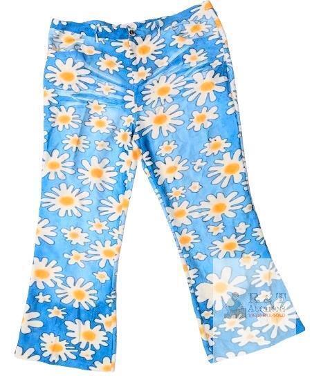 New Size 3XL Women's Wide Leg Groovy Daisy Print Pants With Belt Loops/Zipper (22" Waist Side-to-Side)