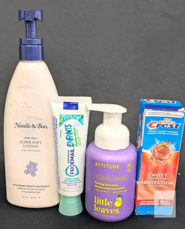 Children's Personal Care Lot: Noodle & Boo Lotion, Sensodyne & Crest Toothpaste, Attitude Hand Soap Note: Online returns. Volumes may be lower than listed