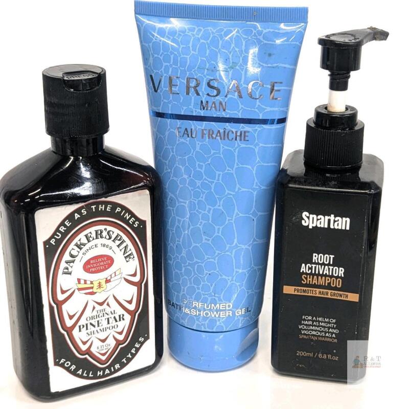 Packer&rsquo;s Pine Pine Tar 8oz Shampoo, Versace Man Shower Gel, Spartan Root Activator 200ml Shampoo Set Note: Online returns. Volumes may be lower than listed