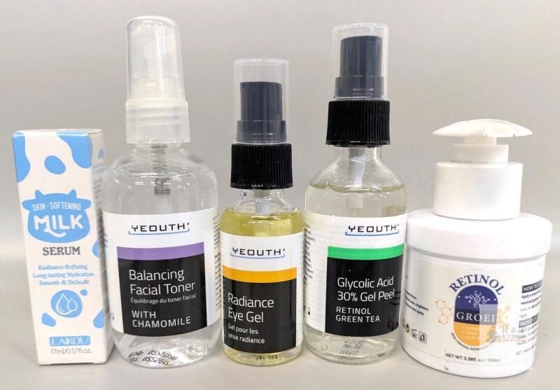 YEOUTH Skincare Set: Glycolic Acid Peel, Toner, Eye Gel + GROEI Retinol Cream, Laikou Serum Note: Online returns. Volumes may be lower than listed MILK SERUM SEALED<br/>