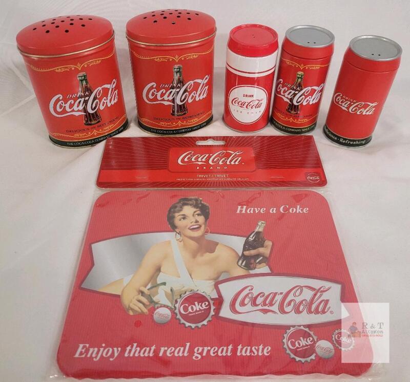 Coca-Cola Collectible Tin Set with Salt & Pepper Shakers & Vintage Trivet, Classic Retro Design