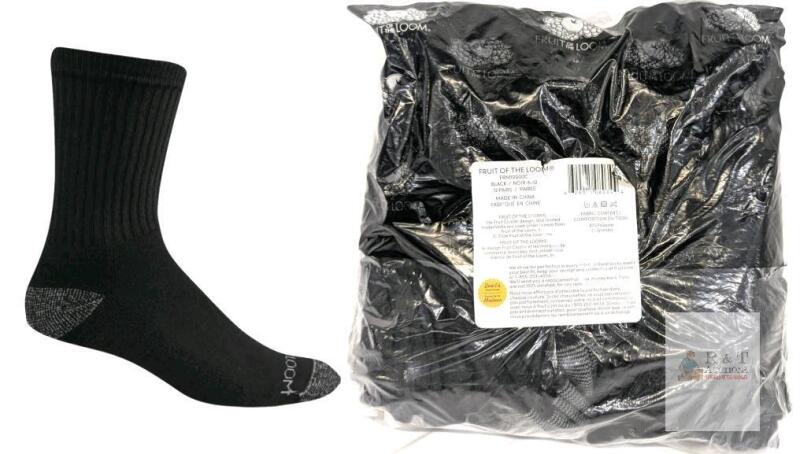 New Size 6-12 Men's FRUIT OF THE LOOM Dual Defense Crew Socks, 12 Pack (Black)