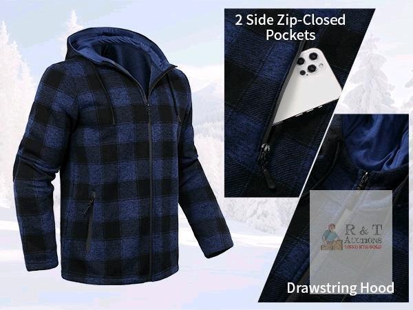 New Size MED Men's Fleece Jacket Plaid Hoodies Zip Up Fall Sweatshirts Jacket