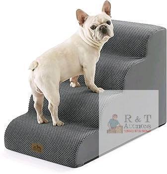 New COZY KISS Wide Dog Stairs for Small Dog 19.7" H, Pet Step for Puppy, Older Cat, Curved Ramp for Bed, Durable Anti-Slip Ladder with High Density Foam, 4 Step, 17.7x28x19.7 inch, Dark Grey