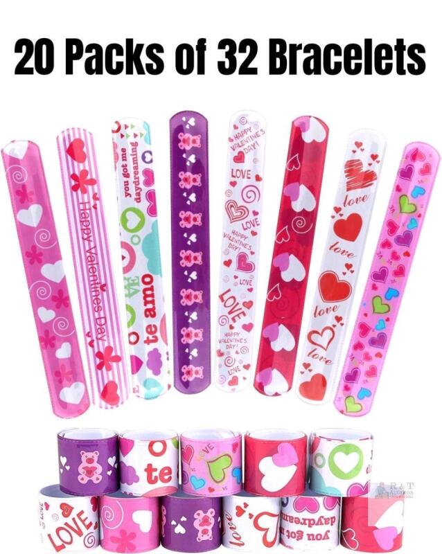 20 New Packs of 32 KUUQA Valentine's Themed Slap Bracelets, 640 Bracelets Total! 8.5" Long Each