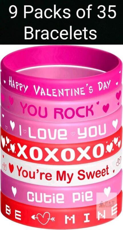 9 New Packs of 35 KUUQA Valentine&rsquo;s Day Rubber Wristband Silicone Wristbands Rubber Band Bracelets for Party Favors Party Gifts Supplies, 315 Bracelets in Total
