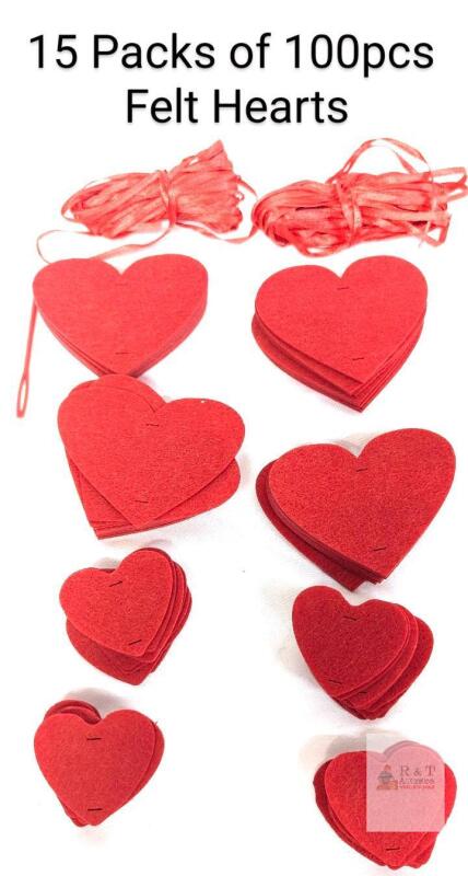 15 New Packs of 100pc Felt Heart Garland Ornament Crafts, Hearts 1.6" - 2.5"