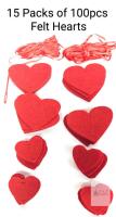 15 New Packs of 100pc Felt Heart Garland Ornament Crafts, Hearts 1.6" - 2.5"