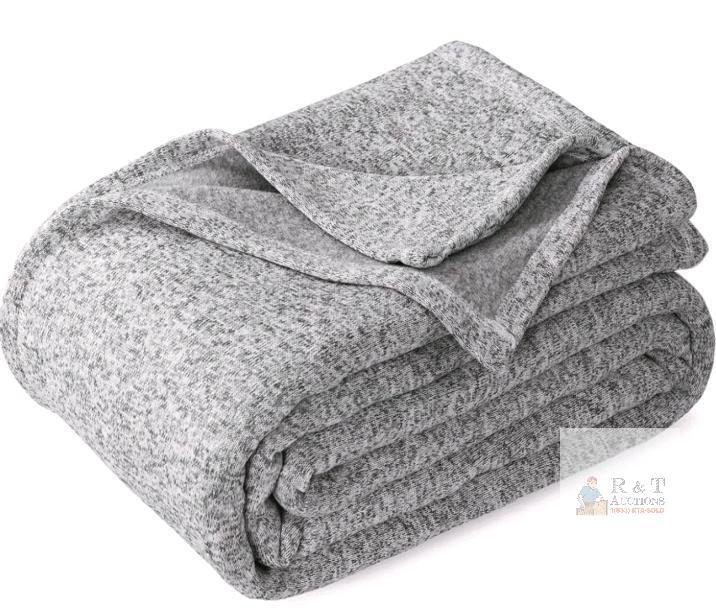 New - KAWAHOME Queen Lightweight Knit Breathable Blanket , Soft Thin Warm Knit Jersey Blanket , 90"X 90", Grey / White