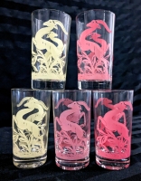 5 Vintage Highball Gazelle Drinking Glasses (3 Pink, 2 Yellow)