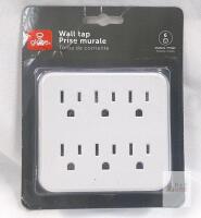 Globe 6-Outlet Wall Tap 46007, 15A, 125V, White, Indoor Use, cETLus Certified
