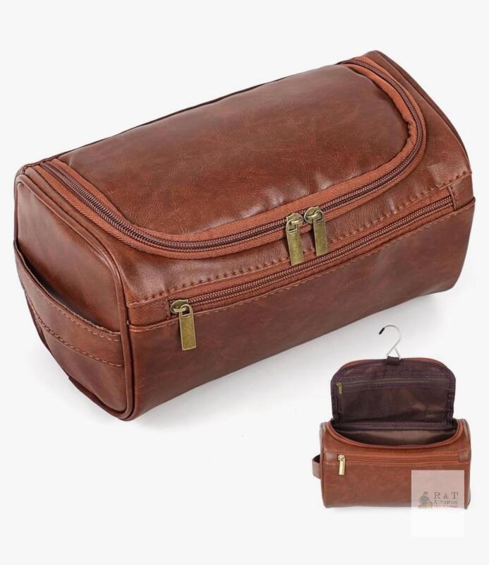MakMeFre Brown Leather Hanging Toiletry Organizer with Multiple Compartments