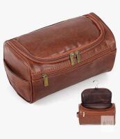 MakMeFre Brown Leather Hanging Toiletry Organizer with Multiple Compartments