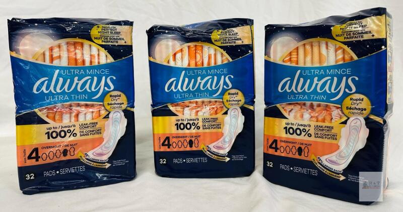 3 PACKS Always Ultra Thin Size 4 Overnight Pads, 32 Count, Rapid Dry, 45% Larger Back, Canada