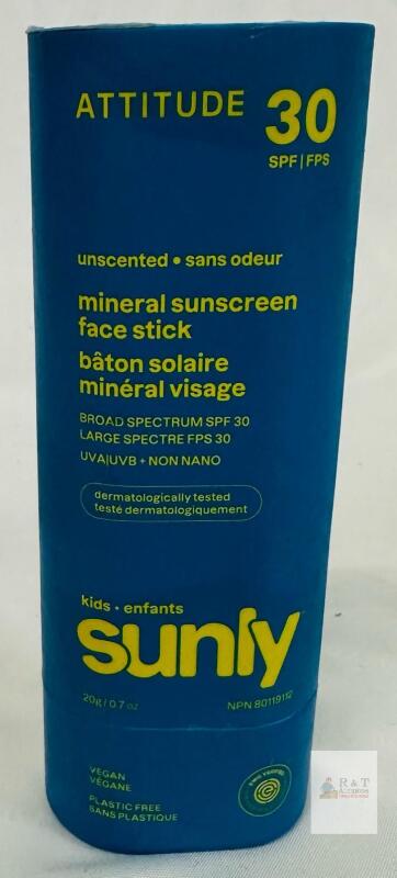 Attitude Sunly Kids Unscented Mineral Sunscreen Face Stick SPF 30, 0.7 oz, Vegan, Plastic-Free Packaging