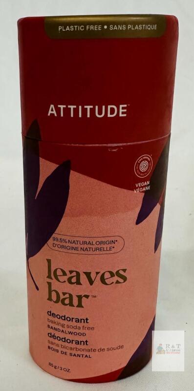 ATTITUDE Leaves Bar Deodorant, Sandalwood Scent, 3 oz (85 g), Plastic-Free, Vegan