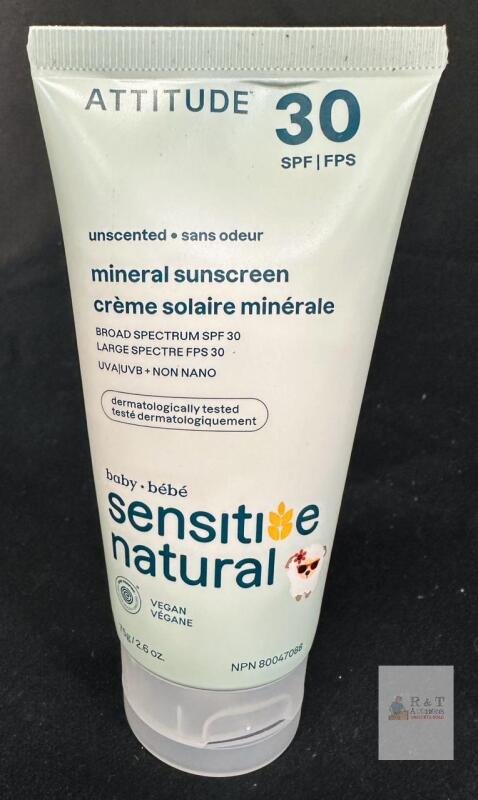 Attitude Baby Mineral Sunscreen SPF 30 Unscented, Sensitive Skin, Zinc Oxide, 2.6oz (75g), Vegan