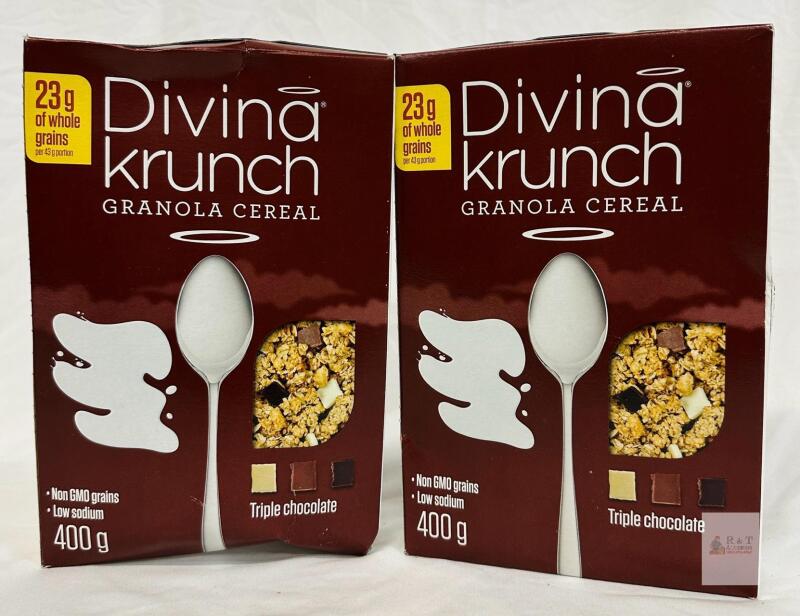 2 Divina Krunch Triple Chocolate Granola Cereal, 14.1 oz (400 g), UPC 4008713707694- with a best before date of 2026 JN 06